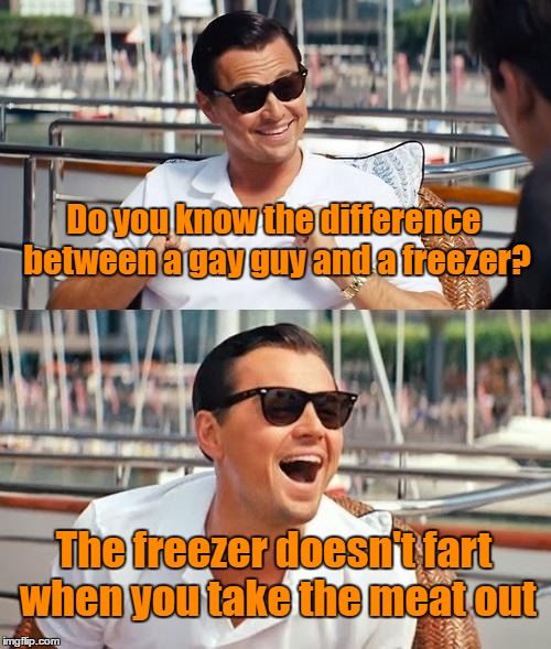 Leonardo Dicaprio Wolf Of Wall Street | Do you know the difference between a gay guy and a freezer? The freezer doesn't fart when you take the meat out | image tagged in memes,leonardo dicaprio wolf of wall street | made w/ Imgflip meme maker