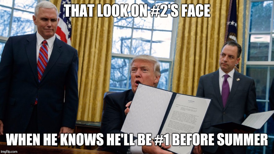 trump executive orders | THAT LOOK ON #2'S FACE; WHEN HE KNOWS HE'LL BE #1 BEFORE SUMMER | image tagged in trump executive orders | made w/ Imgflip meme maker