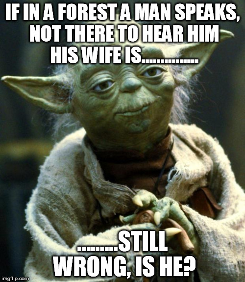Wisdom on marriage, Yoda brings up, hmmm? | IF IN A FOREST A MAN SPEAKS, NOT THERE TO HEAR HIM HIS WIFE IS............... .........STILL WRONG, IS HE? | image tagged in funny,memes,star wars yoda,marriage,wisdom | made w/ Imgflip meme maker
