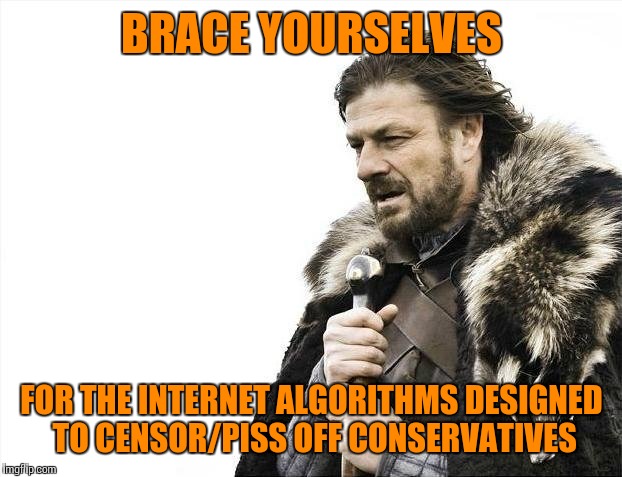 Brace Yourselves X is Coming Meme | BRACE YOURSELVES FOR THE INTERNET ALGORITHMS DESIGNED TO CENSOR/PISS OFF CONSERVATIVES | image tagged in memes,brace yourselves x is coming | made w/ Imgflip meme maker