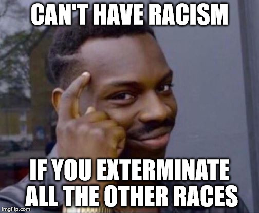 Roll Safe | CAN'T HAVE RACISM; IF YOU EXTERMINATE ALL THE OTHER RACES | image tagged in roll safe | made w/ Imgflip meme maker
