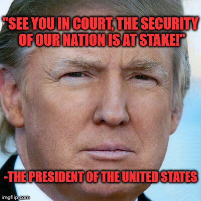 President Trump to 9th Circuit-See you in court | "SEE YOU IN COURT, THE SECURITY OF OUR NATION IS AT STAKE!"; -THE PRESIDENT OF THE UNITED STATES | image tagged in president trump,judge robart | made w/ Imgflip meme maker