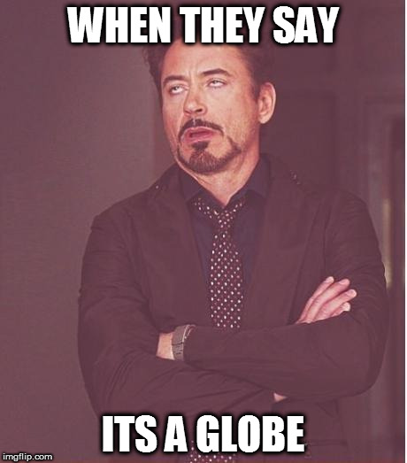 Face You Make Robert Downey Jr | WHEN THEY SAY; ITS A GLOBE | image tagged in memes,face you make robert downey jr | made w/ Imgflip meme maker