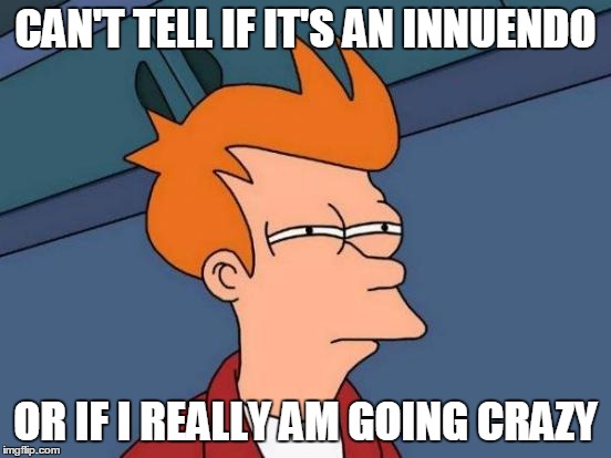 CAN'T TELL IF IT'S AN INNUENDO OR IF I REALLY AM GOING CRAZY | image tagged in memes,futurama fry | made w/ Imgflip meme maker