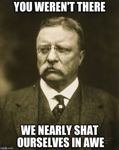 teddy roosevelt | YOU WEREN'T THERE; WE NEARLY SHAT OURSELVES IN AWE | image tagged in teddy roosevelt | made w/ Imgflip meme maker