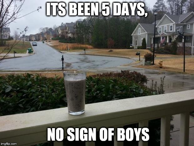 Milkshake | ITS BEEN 5 DAYS, NO SIGN OF BOYS | image tagged in milkshake | made w/ Imgflip meme maker