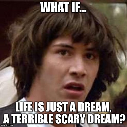 Conspiracy Keanu Meme | WHAT IF... LIFE IS JUST A DREAM, A TERRIBLE SCARY DREAM? | image tagged in memes,conspiracy keanu | made w/ Imgflip meme maker