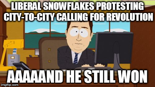 snowflake revolution | LIBERAL SNOWFLAKES PROTESTING CITY-TO-CITY CALLING FOR REVOLUTION; AAAAAND HE STILL WON | image tagged in memes,aaaaand its gone | made w/ Imgflip meme maker