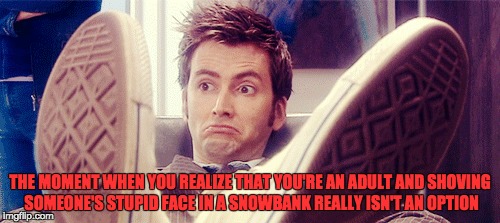 Grown up moment #142 | THE MOMENT WHEN YOU REALIZE THAT YOU'RE AN ADULT AND SHOVING SOMEONE'S STUPID FACE IN A SNOWBANK REALLY ISN'T AN OPTION | image tagged in 10th doctor | made w/ Imgflip meme maker