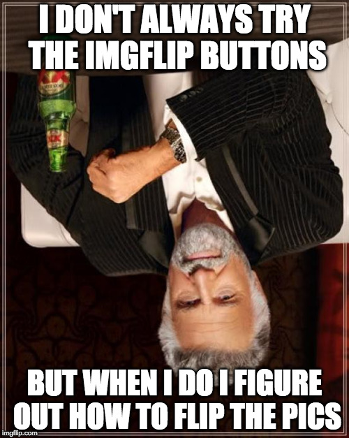 So that's how you do it! | I DON'T ALWAYS TRY THE IMGFLIP BUTTONS; BUT WHEN I DO I FIGURE OUT HOW TO FLIP THE PICS | image tagged in memes,the most interesting man in the world,imgflip | made w/ Imgflip meme maker