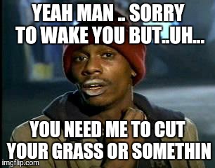 Y'all Got Any More Of That Meme | YEAH MAN .. SORRY TO WAKE YOU BUT..UH... YOU NEED ME TO CUT YOUR GRASS OR SOMETHIN | image tagged in memes,yall got any more of | made w/ Imgflip meme maker