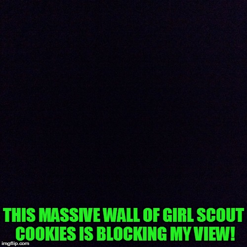 Lights Out Week: Feb 5-12 (by 89fox)... Suddenly, Thin Mints aren't quite so thin! | THIS MASSIVE WALL OF GIRL SCOUT COOKIES IS BLOCKING MY VIEW! | image tagged in black screen,lights out week,girl scout cookies,wall,funny memes | made w/ Imgflip meme maker