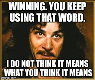 princess bride | WINNING. YOU KEEP USING THAT WORD. I DO NOT THINK IT MEANS WHAT YOU THINK IT MEANS | image tagged in princess bride | made w/ Imgflip meme maker
