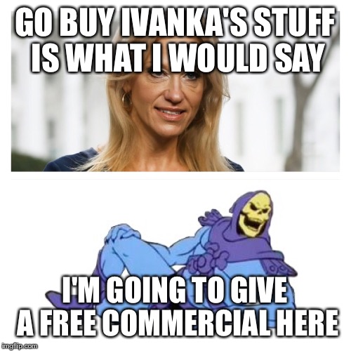 Ivanka stuff | GO BUY IVANKA'S STUFF IS WHAT I WOULD SAY; I'M GOING TO GIVE A FREE COMMERCIAL HERE | image tagged in ivanka trump,kellyanne conway | made w/ Imgflip meme maker