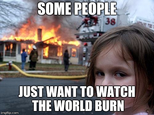 Disaster Girl | SOME PEOPLE; JUST WANT TO WATCH THE WORLD BURN | image tagged in memes,disaster girl | made w/ Imgflip meme maker
