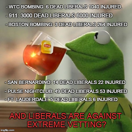 Sit Back and Watch the Problem Solve Itself. | - WTC BOMBING: 6 DEAD LIBERALS 1040 INJURED. - 911: 3000 DEAD LIBERALS 6000 INJURED; - BOSTON BOMBING: 3 DEAD LIBERALS 264 INJURED; - SAN BERNARDINO: 14 DEAD LIBERALS 22 INJURED; - PULSE NIGHTCLUB: 49 DEAD LIBERALS 53 INJURED; - FT. LAUDERDALE: 5 DEAD LIBERALS 6 INJURED; AND LIBERALS ARE AGAINST EXTREME VETTING? | image tagged in memes,but thats none of my business,kermit the frog,dead liberals,extreme vetting,islamic terrorism | made w/ Imgflip meme maker