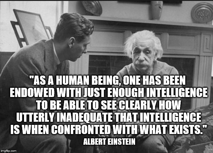 "AS A HUMAN BEING, ONE HAS BEEN ENDOWED WITH JUST ENOUGH INTELLIGENCE TO BE ABLE TO SEE CLEARLY HOW UTTERLY INADEQUATE THAT INTELLIGENCE IS WHEN CONFRONTED WITH WHAT EXISTS."; ALBERT EINSTEIN | image tagged in albert einstein,einstein,mathematics,inspirational quote,inspirational memes | made w/ Imgflip meme maker