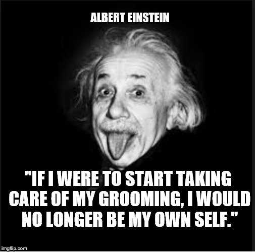 ALBERT EINSTEIN; "IF I WERE TO START TAKING CARE OF MY GROOMING, I WOULD NO LONGER BE MY OWN SELF." | image tagged in inspirational quote,humor,einstein,satire,mathematics | made w/ Imgflip meme maker