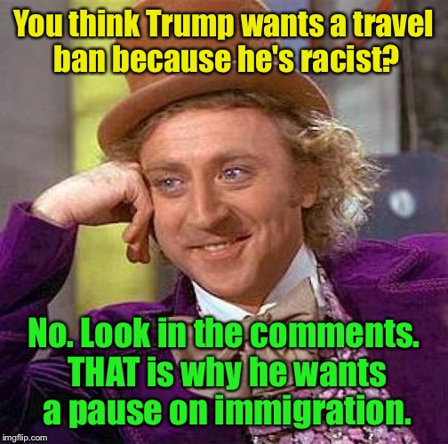 Creepy Condescending Wonka Meme | You think Trump wants a travel ban because he's racist? No. Look in the comments. THAT is why he wants a pause on immigration. | image tagged in memes,creepy condescending wonka | made w/ Imgflip meme maker