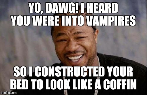 Yo Dawg Heard You Meme | YO, DAWG! I HEARD YOU WERE INTO VAMPIRES; SO I CONSTRUCTED YOUR BED TO LOOK LIKE A COFFIN | image tagged in memes,yo dawg heard you | made w/ Imgflip meme maker