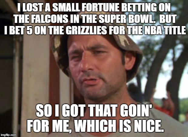 So I Got That Goin For Me Which Is Nice Meme | I LOST A SMALL FORTUNE BETTING ON THE FALCONS IN THE SUPER BOWL.  BUT I BET 5 ON THE GRIZZLIES FOR THE NBA TITLE; SO I GOT THAT GOIN' FOR ME, WHICH IS NICE. | image tagged in memes,so i got that goin for me which is nice | made w/ Imgflip meme maker
