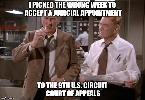 Airplane Wrong Week | I PICKED THE WRONG WEEK TO ACCEPT A JUDICIAL APPOINTMENT; TO THE 9TH U.S. CIRCUIT COURT OF APPEALS | image tagged in airplane wrong week | made w/ Imgflip meme maker