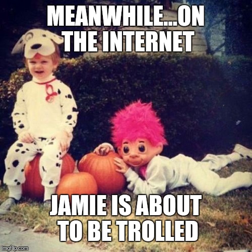 Just another day on social media | MEANWHILE...ON THE INTERNET; JAMIE IS ABOUT TO BE TROLLED | image tagged in troll,halloween,costumes | made w/ Imgflip meme maker