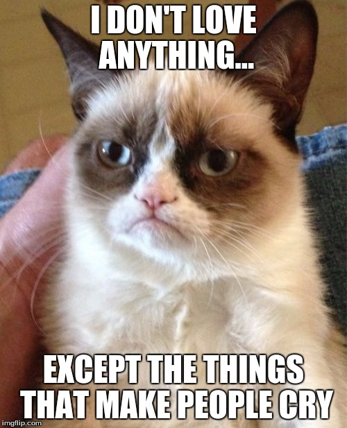 Grumpy Cat Meme | I DON'T LOVE ANYTHING... EXCEPT THE THINGS THAT MAKE PEOPLE CRY | image tagged in memes,grumpy cat | made w/ Imgflip meme maker
