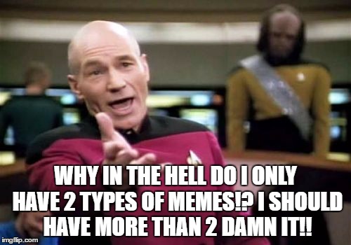 Picard Wtf | WHY IN THE HELL DO I ONLY HAVE 2 TYPES OF MEMES!? I SHOULD HAVE MORE THAN 2 DAMN IT!! | image tagged in memes,picard wtf | made w/ Imgflip meme maker