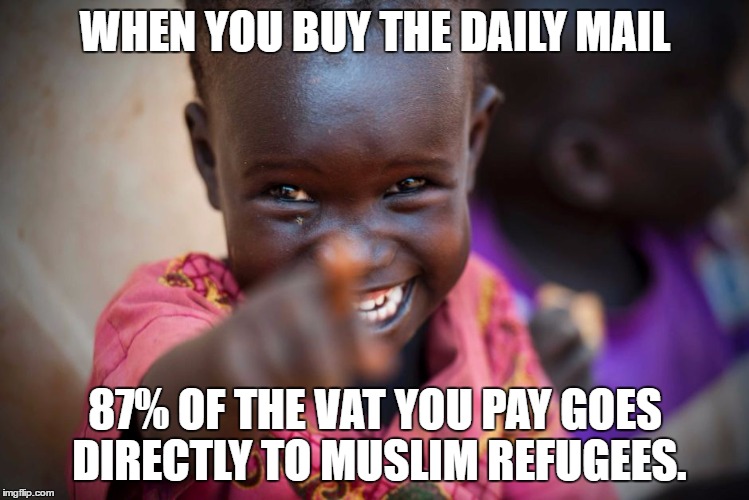 WHEN YOU BUY THE DAILY MAIL; 87% OF THE VAT YOU PAY GOES DIRECTLY TO MUSLIM REFUGEES. | image tagged in refugees | made w/ Imgflip meme maker