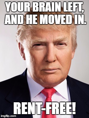 Donald Trump | YOUR BRAIN LEFT, AND HE MOVED IN. RENT-FREE! | image tagged in donald trump | made w/ Imgflip meme maker