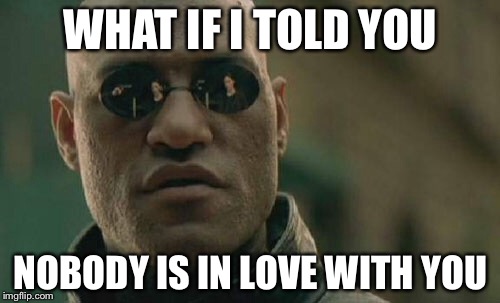 Matrix Morpheus Meme | WHAT IF I TOLD YOU NOBODY IS IN LOVE WITH YOU | image tagged in memes,matrix morpheus | made w/ Imgflip meme maker