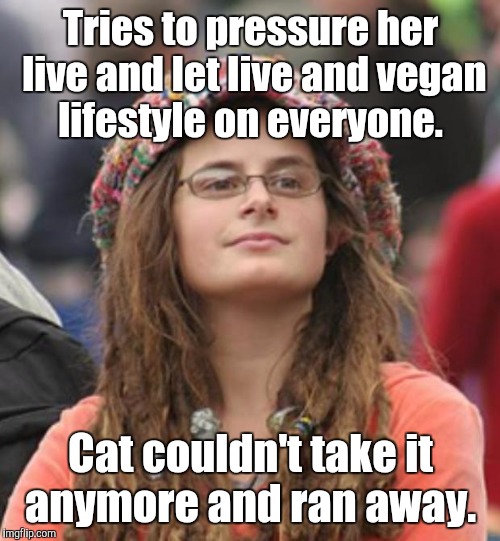 atp80.jpg  | Tries to pressure her live and let live and vegan lifestyle on everyone. Cat couldn't take it anymore and ran away. | image tagged in atp80jpg | made w/ Imgflip meme maker