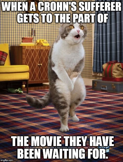 Gotta Go Cat Meme | WHEN A CROHN'S SUFFERER GETS TO THE PART OF; THE MOVIE THEY HAVE BEEN WAITING FOR. | image tagged in memes,gotta go cat | made w/ Imgflip meme maker