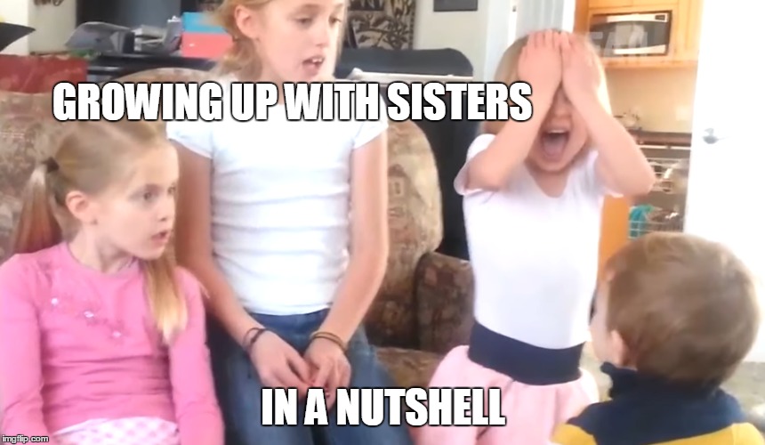 Growing up with sisters | GROWING UP WITH SISTERS; IN A NUTSHELL | image tagged in sister,sisters,kid,childhood | made w/ Imgflip meme maker