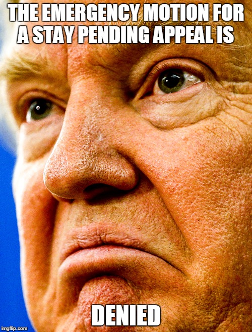 racist donald trump | THE EMERGENCY MOTION FOR A STAY PENDING APPEAL IS; DENIED | image tagged in racist donald trump | made w/ Imgflip meme maker