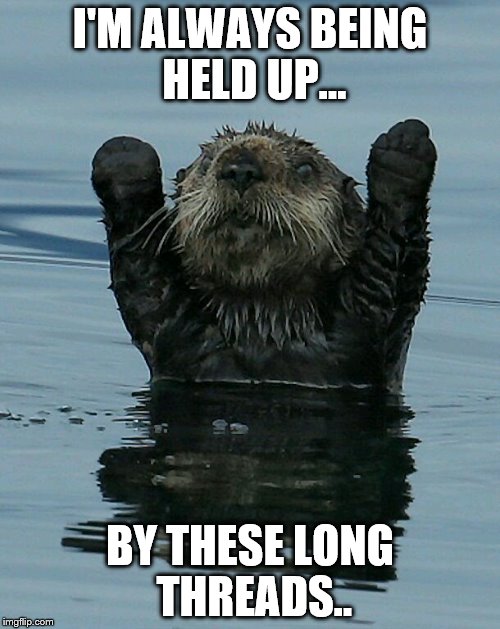 Stick em up otter | I'M ALWAYS BEING HELD UP... BY THESE LONG THREADS.. | image tagged in stick em up otter | made w/ Imgflip meme maker