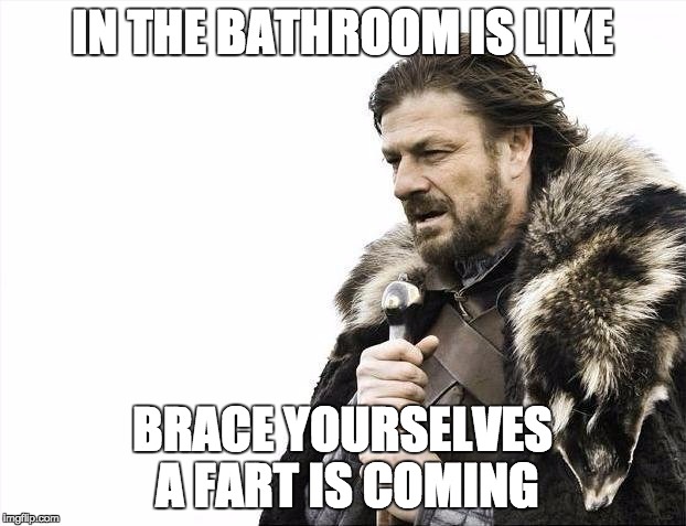 Brace Yourselves X is Coming Meme | IN THE BATHROOM IS LIKE; BRACE YOURSELVES A FART IS COMING | image tagged in memes,brace yourselves x is coming | made w/ Imgflip meme maker