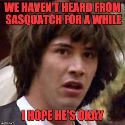 Conspiracy Keanu Meme | WE HAVEN'T HEARD FROM SASQUATCH FOR A WHILE; I HOPE HE'S OKAY | image tagged in memes,conspiracy keanu | made w/ Imgflip meme maker