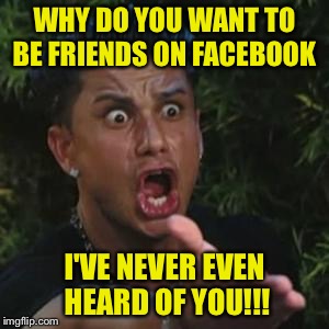 Angry Guido | WHY DO YOU WANT TO BE FRIENDS ON FACEBOOK; I'VE NEVER EVEN HEARD OF YOU!!! | image tagged in angry guido | made w/ Imgflip meme maker