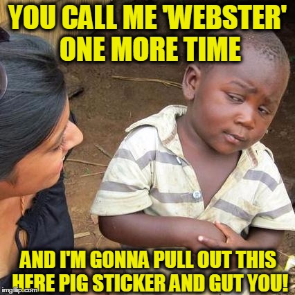 Third World Skeptical Kid | YOU CALL ME 'WEBSTER' ONE MORE TIME; AND I'M GONNA PULL OUT THIS HERE PIG STICKER AND GUT YOU! | image tagged in memes,third world skeptical kid | made w/ Imgflip meme maker