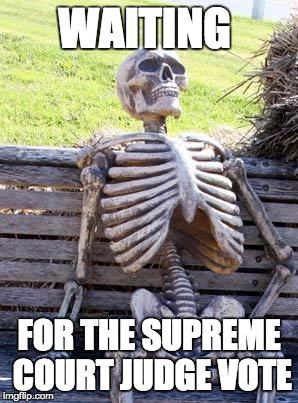 Waiting Skeleton | WAITING; FOR THE SUPREME COURT JUDGE VOTE | image tagged in memes,waiting skeleton | made w/ Imgflip meme maker