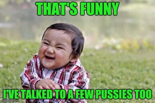 Evil Toddler Meme | THAT'S FUNNY I'VE TALKED TO A FEW PUSSIES TOO | image tagged in memes,evil toddler | made w/ Imgflip meme maker