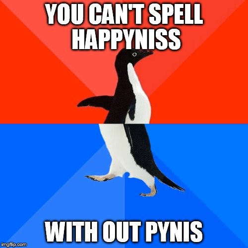 Socially Awesome Awkward Penguin | YOU CAN'T SPELL HAPPYNISS; WITH OUT PYNIS | image tagged in memes,socially awesome awkward penguin | made w/ Imgflip meme maker