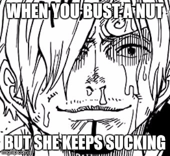 The Sanji Face | WHEN YOU BUST A NUT; BUT SHE KEEPS SUCKING | image tagged in the sanji face | made w/ Imgflip meme maker