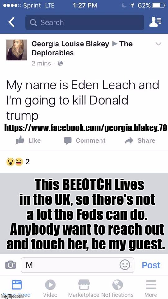 Would-be Assassin | https://www.facebook.com/georgia.blakey.79; This BEEOTCH Lives in the UK, so there's not a lot the Feds can do. Anybody want to reach out and touch her, be my guest. | image tagged in georgia louise blakey,eden leach,assassin,beeotch,british wanker | made w/ Imgflip meme maker