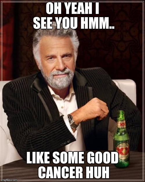 The Most Interesting Man In The World Meme | OH YEAH I SEE YOU HMM.. LIKE SOME GOOD CANCER HUH | image tagged in memes,the most interesting man in the world | made w/ Imgflip meme maker