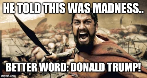 Sparta Leonidas | HE TOLD THIS WAS MADNESS.. BETTER WORD: DONALD TRUMP! | image tagged in memes,sparta leonidas | made w/ Imgflip meme maker