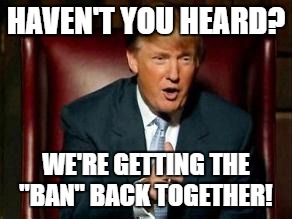 Donald Trump | HAVEN'T YOU HEARD? WE'RE GETTING THE "BAN" BACK TOGETHER! | image tagged in donald trump | made w/ Imgflip meme maker