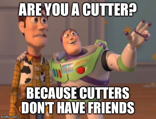 X, X Everywhere | ARE YOU A CUTTER? BECAUSE CUTTERS DON'T HAVE FRIENDS | image tagged in memes,x x everywhere | made w/ Imgflip meme maker
